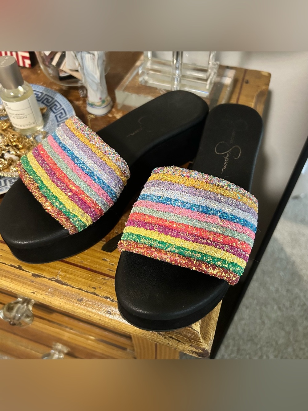 Y2K platform glitter striped slide sandals
